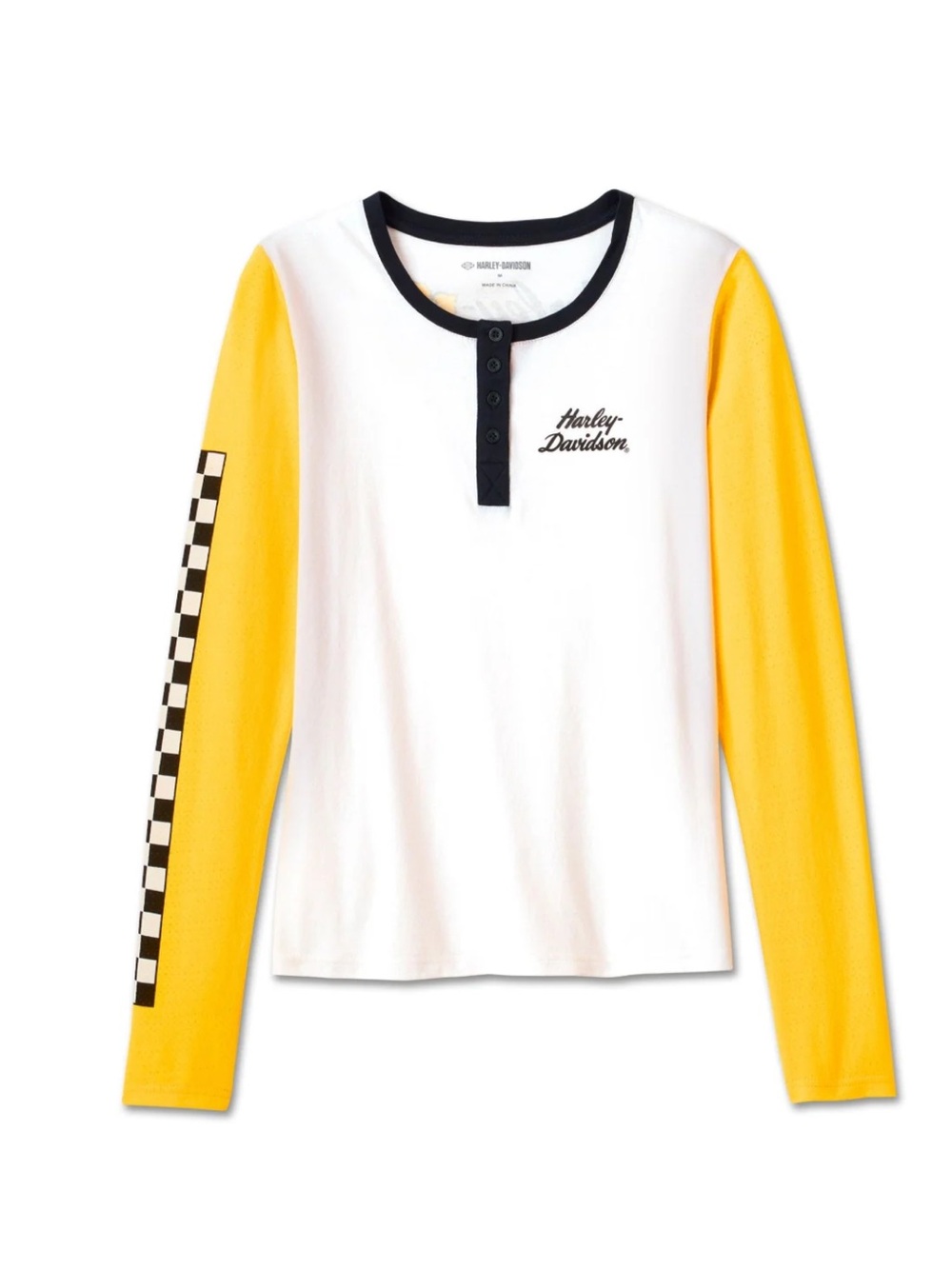 Harley-Davidson Women's Rose Racer Mesh Henley Long Sleeve Shirt, White/Yellow